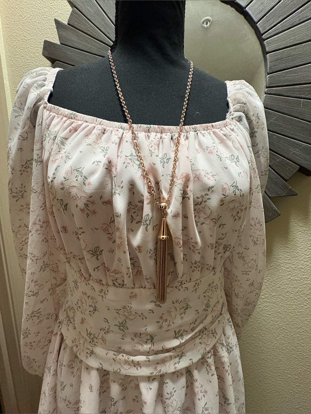 Off-Shoulder Floral Midi Dress in Light Pink